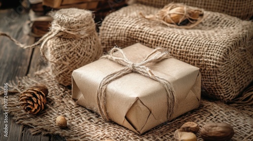 A beautifully wrapped gift in brown paper with twine, set against a rustic background featuring burlap, pine cones, and nuts, showing a cozy, vintage feel.