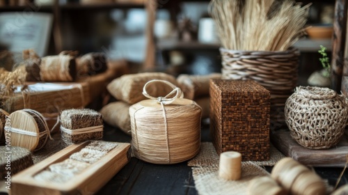 A collection of artisanal, rustic items made from natural materials such as straw, burlap, and wicker. They are elegantly displayed on a wooden surface.