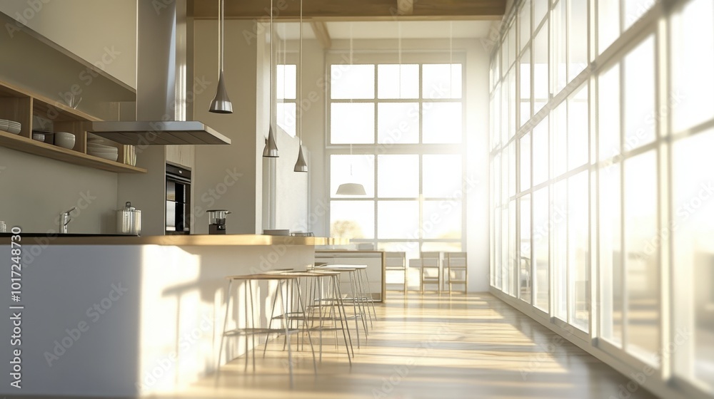 Obraz premium A bright kitchen with a large breakfast bar, modern light fixtures, and wide open windows.