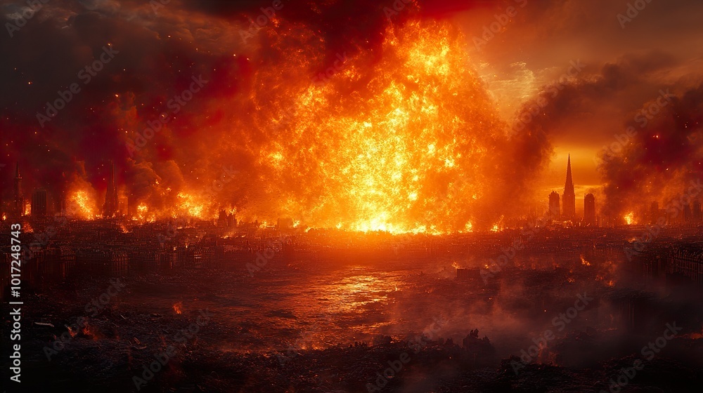 Fototapeta premium Apocalyptic Cityscape: A City in Flames
