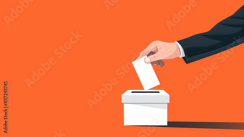 Hand casting vote into white ballot box on orange background