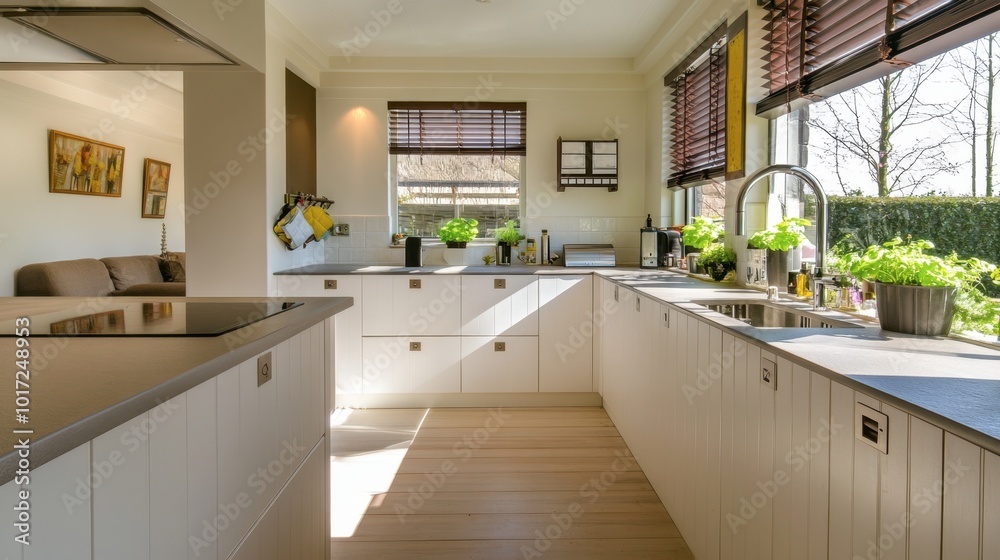 A bright kitchen with a window overlooking a backyard garden, letting in plenty of sunshine.
