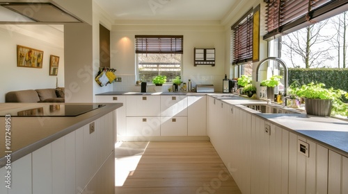 Obraz na płótnie A bright kitchen with a window overlooking a backyard garden, letting in plenty of sunshine. w salonie
