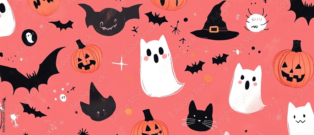 Fototapeta premium Pinkthemed Halloween design with decorative patterns of ghosts, cats, bats, spiders, witch hats, and jackolanterns, offering a unique festive touch