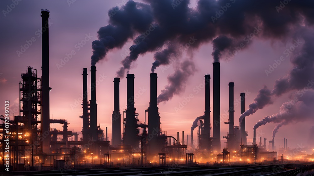 A silhouette of an industrial factory with smokestacks spewing plumes of smoke into the twilight sky.