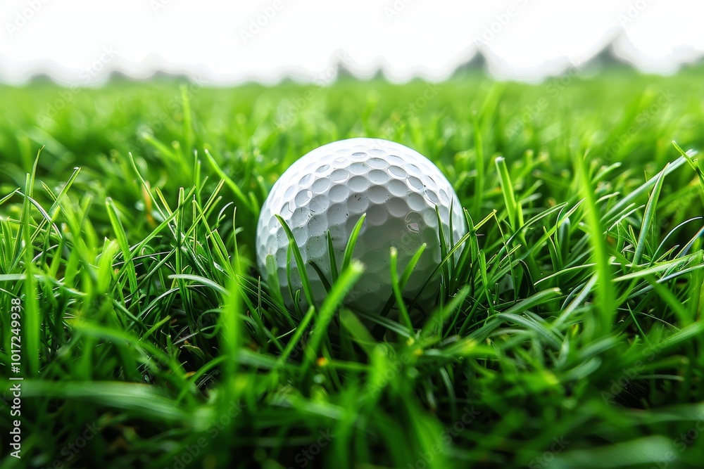 Solitary golf ball resting on lush green grass set against a crisp white background Solitary golf ball resting on lush green grass set against a crisp white background