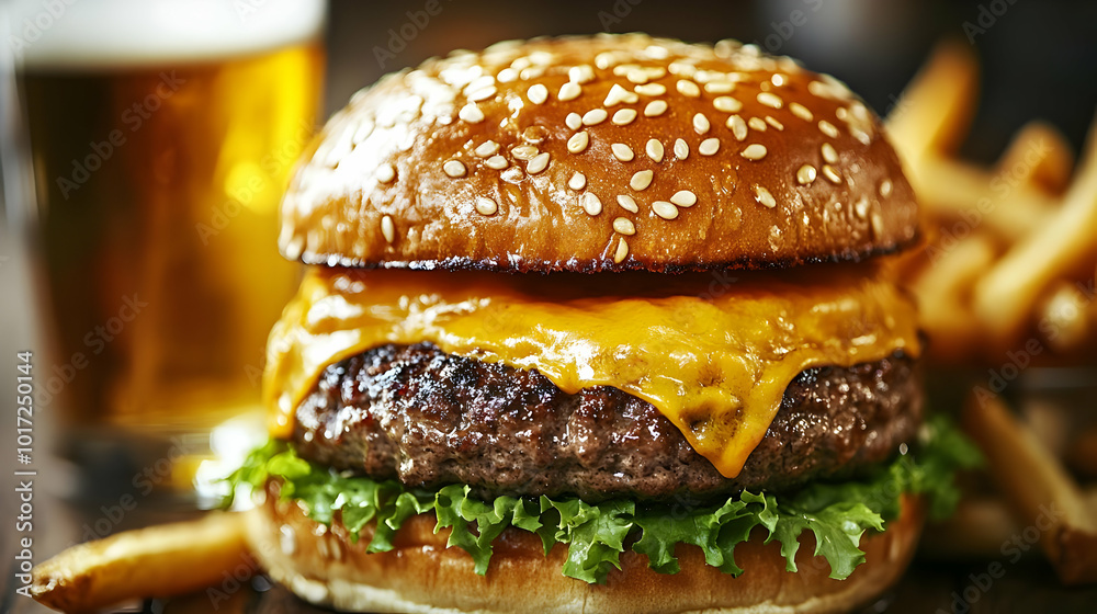 A delicious cheeseburger with fries and a beer in a cozy setting. A delicious cheeseburger with fries and a beer in a cozy setting.