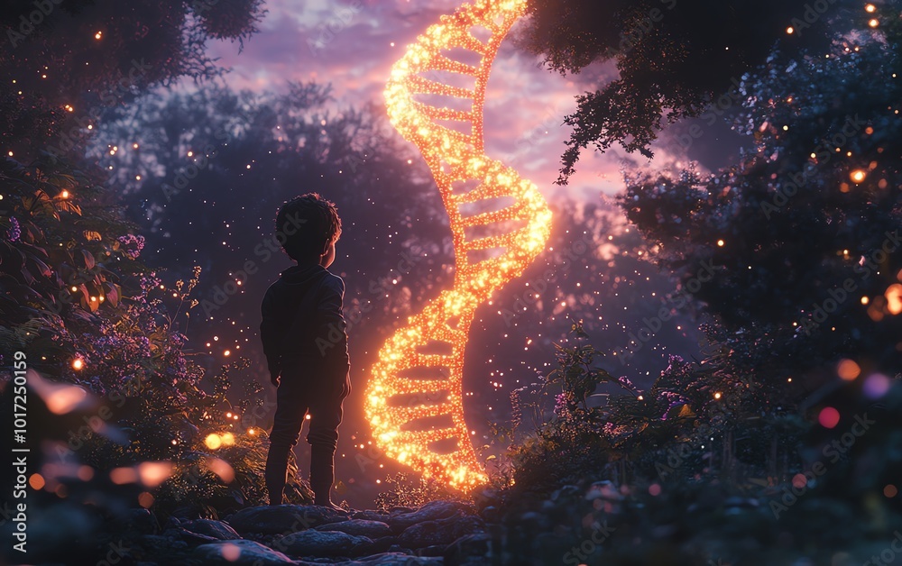 Obraz premium A child gazes in awe at a shimmering DNA helix floating amidst a serene, lush garden, symbolizing the balance of nature and gene editing under the twilight glow