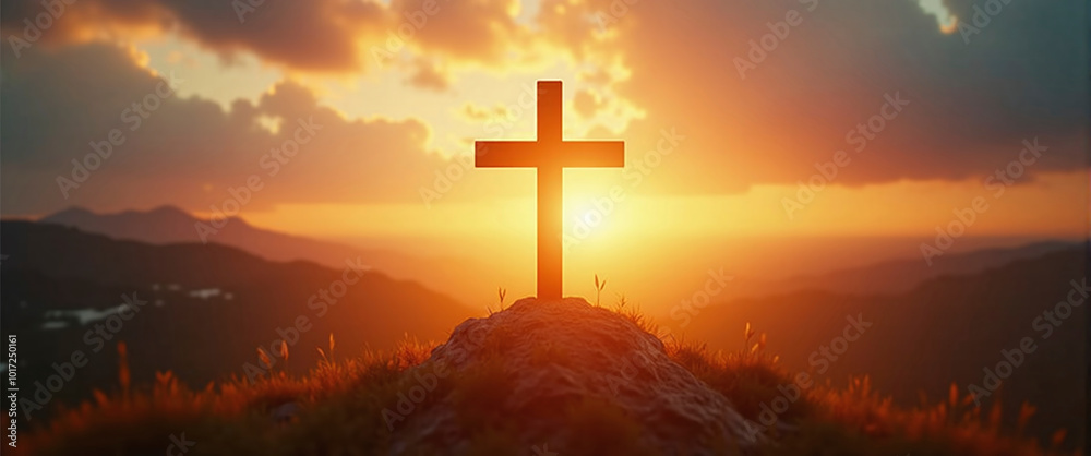 Obraz premium Silhouetted christian cross silhouette on the mountain at sunset