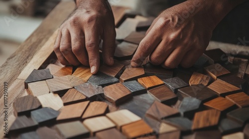 A close-up of hands arranging parquet tiles in a unique pattern, representing the craftsmanship behind the design.