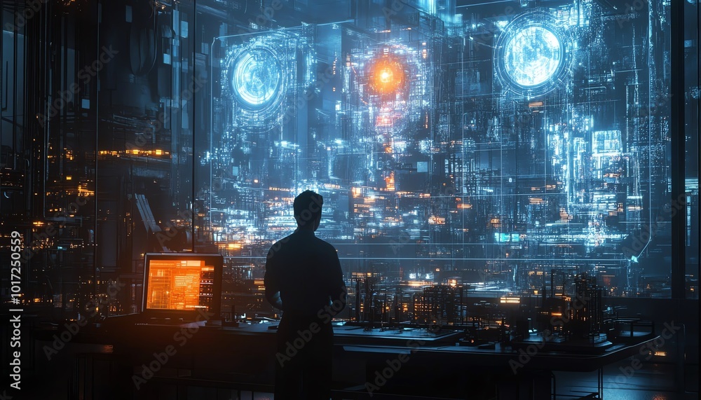 A futuristic factory scene where a worker observes a holographic visualization of machinery, focusing on proactive maintenance strategies A futuristic factory scene where a worker observes a holographic visualization of machinery, focusing on proactive maintenance strategies