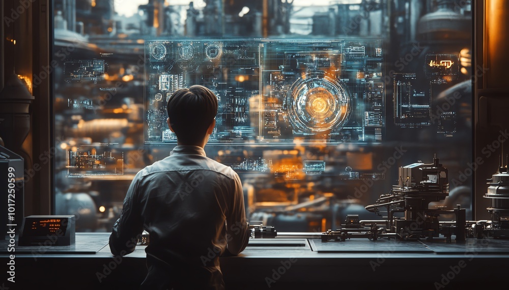 A futuristic factory scene where a worker observes a holographic visualization of machinery, focusing on proactive maintenance strategies A futuristic factory scene where a worker observes a holographic visualization of machinery, focusing on proactive maintenance strategies