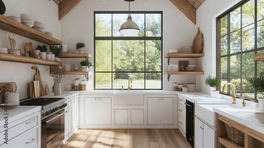custom made wallpaper toronto digitalA cozy kitchen with white cabinets, wooden shelves, and a large window allowing natural light in.