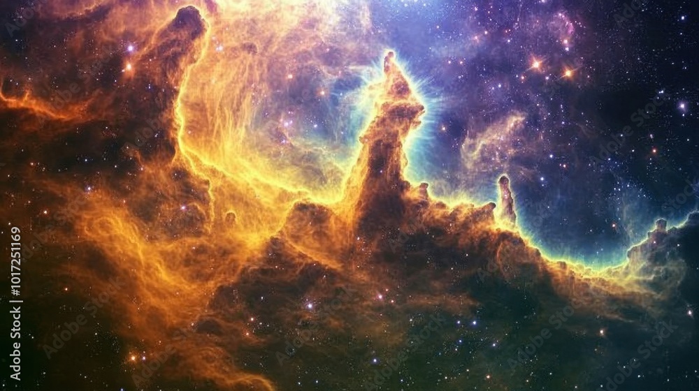 Fototapeta premium A cosmic landscape of a nebula with tendrils of green, gold, and purple gas stretching across the sky.