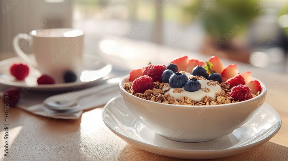 A healthy and delicious breakfast with fresh fruit, yogurt, granola, and coffee, artfully arranged on a table in natural light A healthy and delicious breakfast with fresh fruit, yogurt, granola, and coffee, artfully arranged on a table in natural light