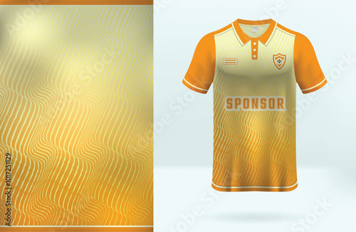 Polo t-shirt mockup template design for sport jersey, football kit or sportswear with orange and yellow gradient background colors