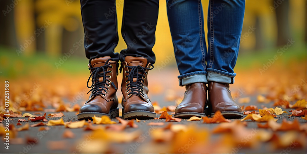 A couple walks comfortably along a hiking trail on an autumn day and enjoys the fall and the colorful leaves