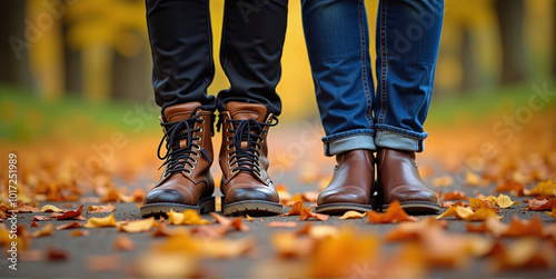 A couple walks comfortably along a hiking trail on an autumn day and enjoys the fall and the colorful leaves