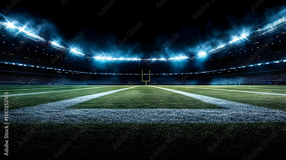 A dramatic view of a football field under stadium lights.