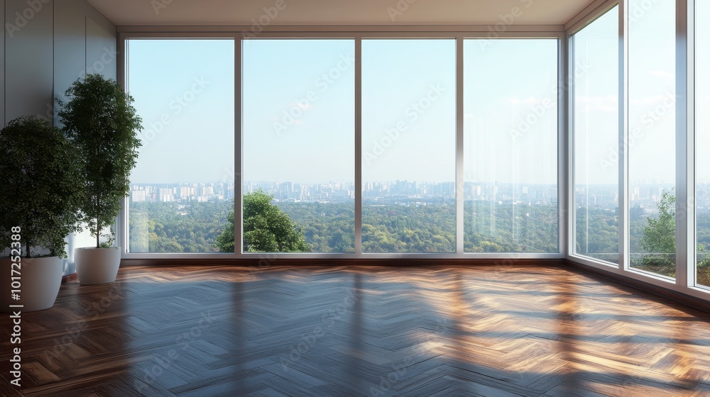 Fototapeta premium A floor-to-ceiling window view of a modern apartment with dark wood parquet flooring.