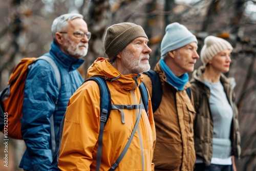 smiling senior man looking at camera while standing with friends in park