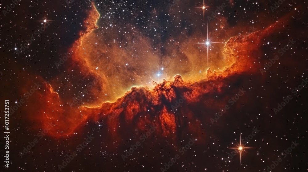 A glowing nebula cloud in shades of red and gold, with bright stars shining through its translucent gases. A glowing nebula cloud in shades of red and gold, with bright stars shining through its translucent gases.
