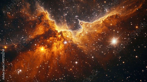 A glowing nebula cloud in shades of red and gold, with bright stars shining through its translucent gases.