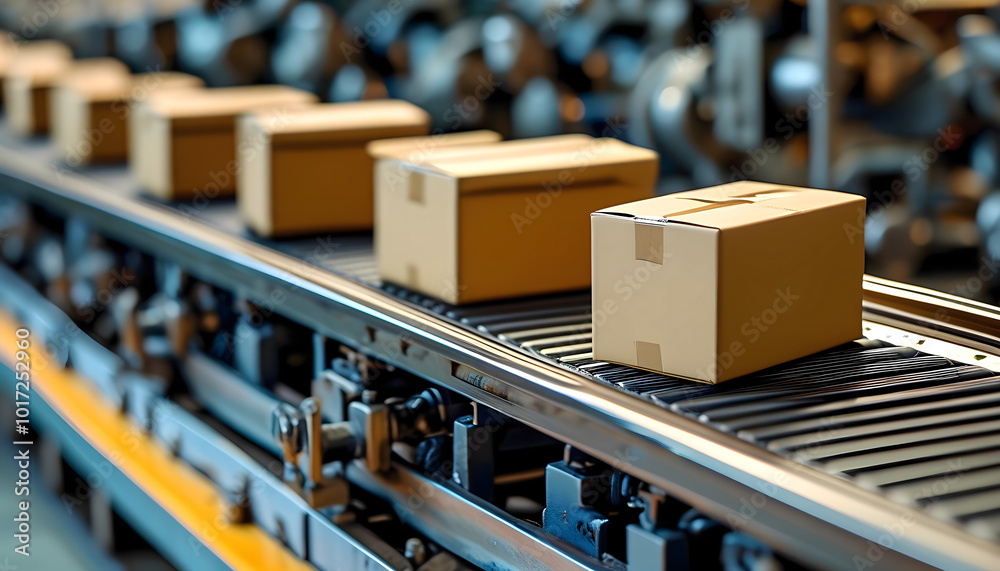Close-up of a conveyor belt with moving boxes and mechanical details Close-up of a conveyor belt with moving boxes and mechanical details