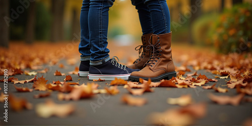 A couple walks comfortably along a hiking trail on an autumn day and enjoys the fall and the colorful leaves