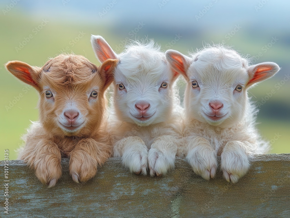 three adorable baby goats curiously peeking over a wooden fence, their ...