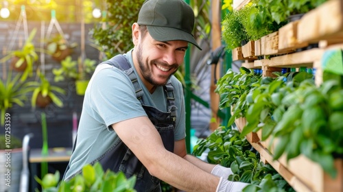 An individual watering a lush vertical garden made of repurposed materials like pallets and bottles photo