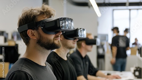 A group of engineers working with virtual reality headsets in a product design lab.