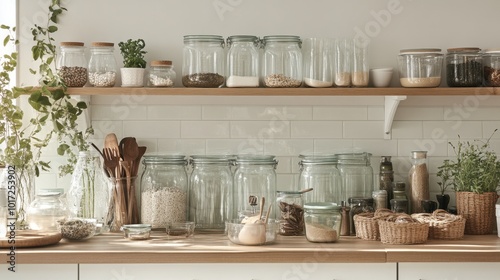 A kitchen counter filled with glass containers and eco-friendly, zero-waste products.