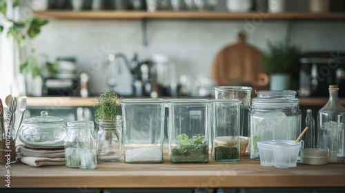 A kitchen counter filled with glass containers and eco-friendly, zero-waste products.