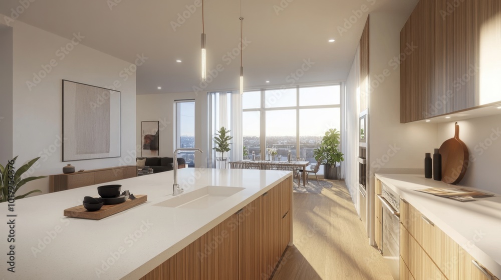 Fototapeta premium A kitchen with white countertops, light wood floors, and a large window filling the space with light.