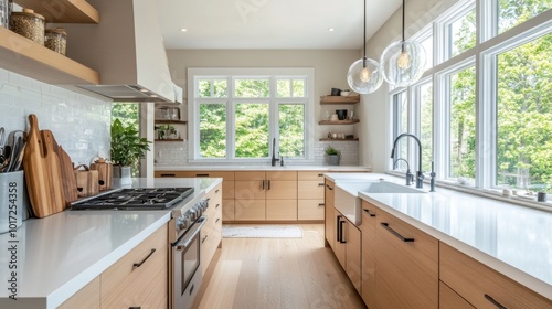 A kitchen with white countertops, light wood floors, and a large window filling the space with light.