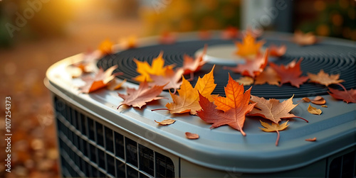 Fototapeta Naklejka Na Ścianę i Meble -  Air conditioning that is attached to the outside of the house and is covered with leaves in the fall and needs to be cleaned