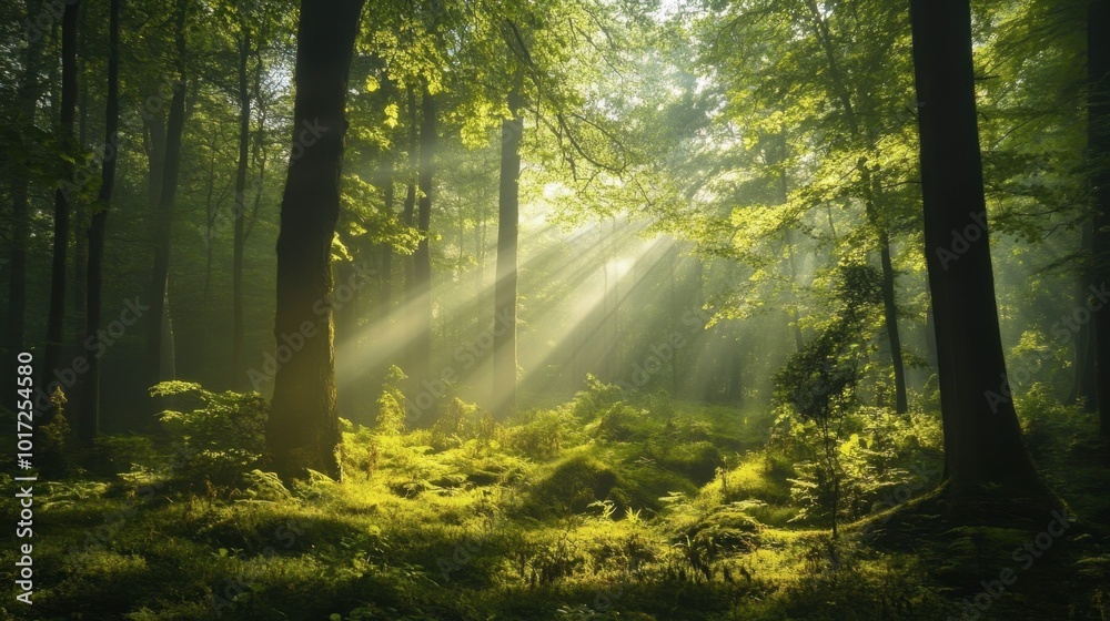 Fototapeta premium A lush green forest with sunlight filtering through the trees, representing nature conservation.