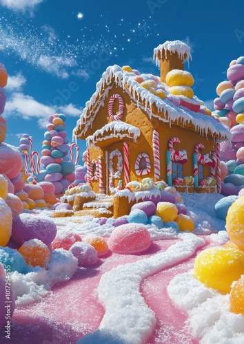 Enchanting Gingerbread House Wonderland: Colorful Candy Landscape with Icing and Sweet Snow in Fantasy Winter Scene photo