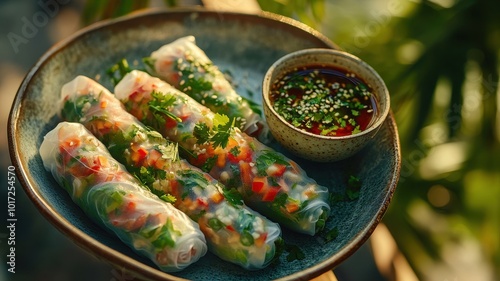 Delicate vegetarian spring rolls with a vibrant array of vegetables and dipping sauce on a ceramic plate  photo