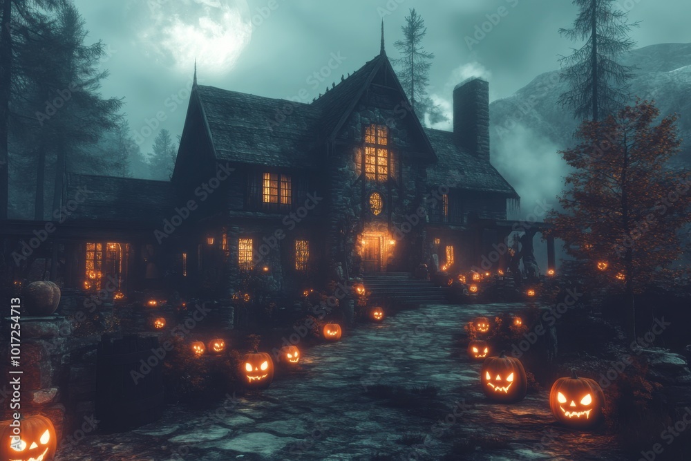 Haunted House with Glowing Jack-O'-Lanterns under Full Moon Haunted House with Glowing Jack-O'-Lanterns under Full Moon