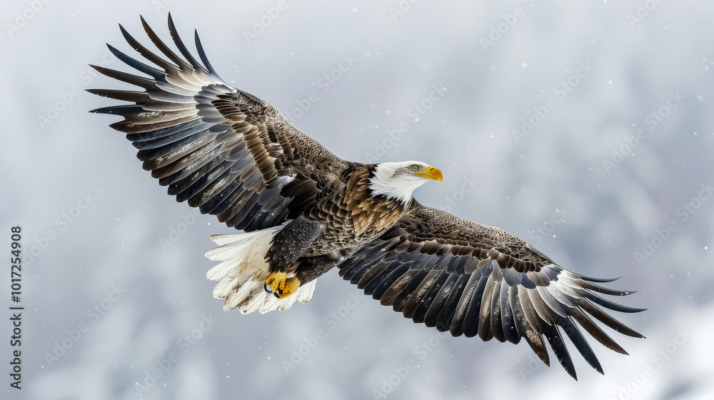 Fototapeta premium Large eagle is flying through the sky with its wings spread wide