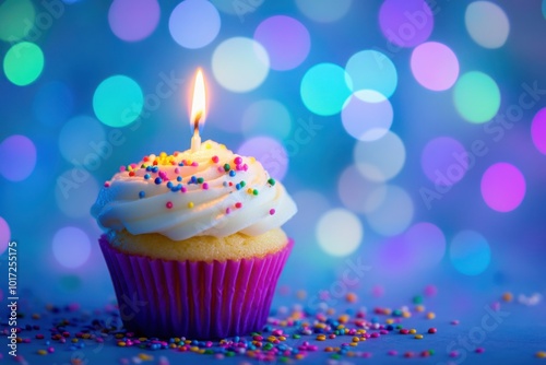 A colorful birthday cupcake with white frosting and sprinkles.
