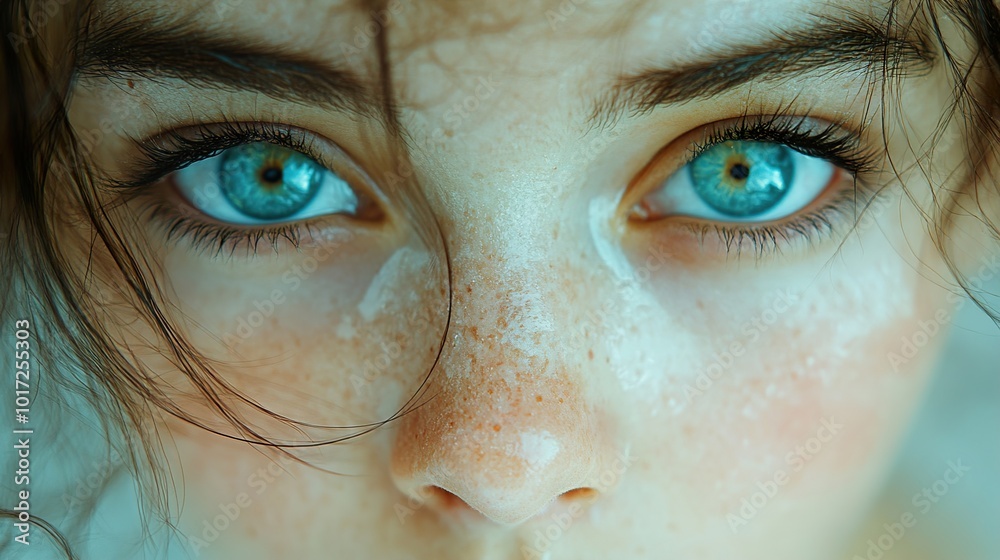 Fototapeta premium Close-up Portrait of a Woman with Blue Eyes and Freckles