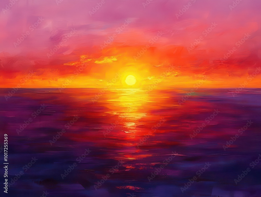 Fototapeta premium vibrant sunset painted with fiery shades of orange, pink, purple, and yellow, creating a panoramic view that captures the ethereal beauty of twilight, evoking feelings of peace and inspiration