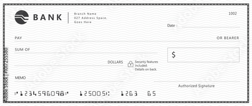 Empty money cheque. Bank check. check book template with pattern and blank fields. Currency payment coupon, US dollar check background.