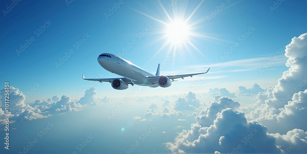 Airplane after departure on its way to the destination in front of cloudy sky, Passenger and goods transportation in aviation Airplane after departure on its way to the destination in front of cloudy sky, Passenger and goods transportation in aviation
