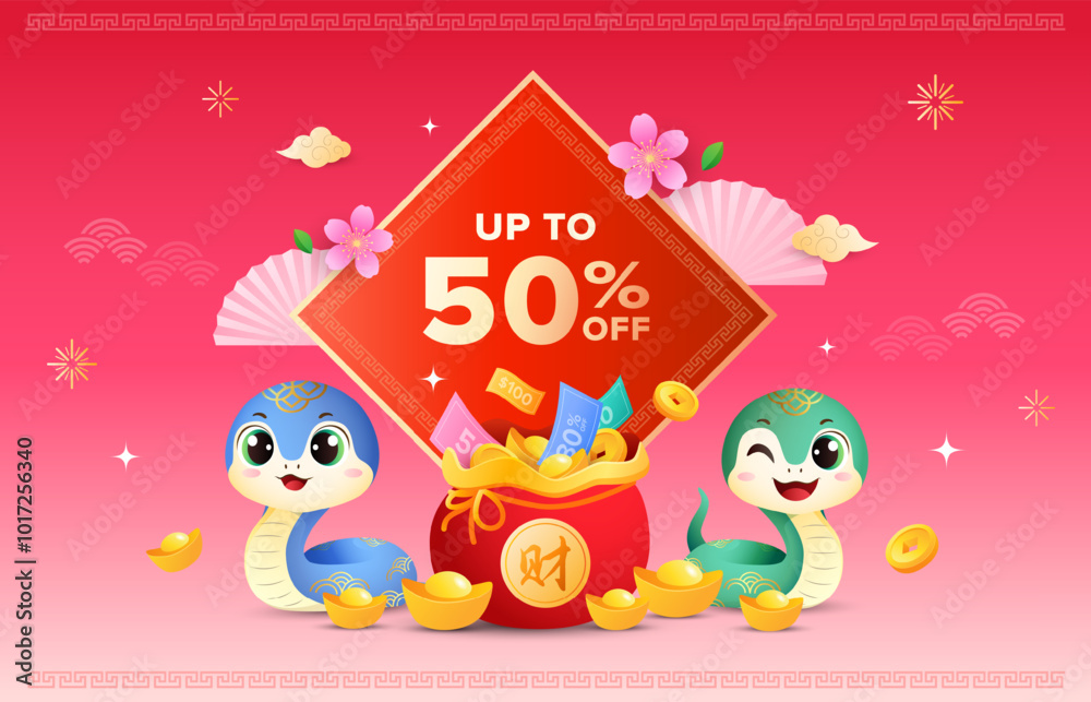 Obraz premium Chinese New Year 2025 sale background with cute snake zodiac, pack of gold and vouchers in pink background. Holiday vector illustration template. (Translation: prosperity word)