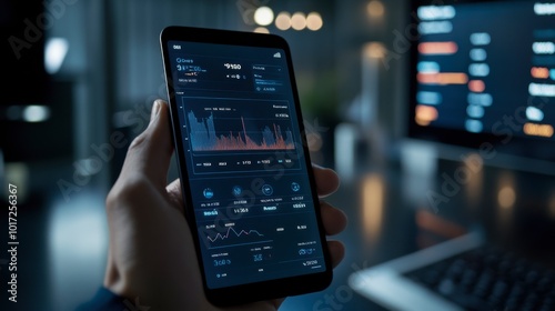 A mobile app interface displaying real-time financial data, promoting fintech and smart investments.