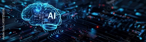 AI letters on dark tech background. Concept of artificial intelligence, circuit elements, technology and innovation